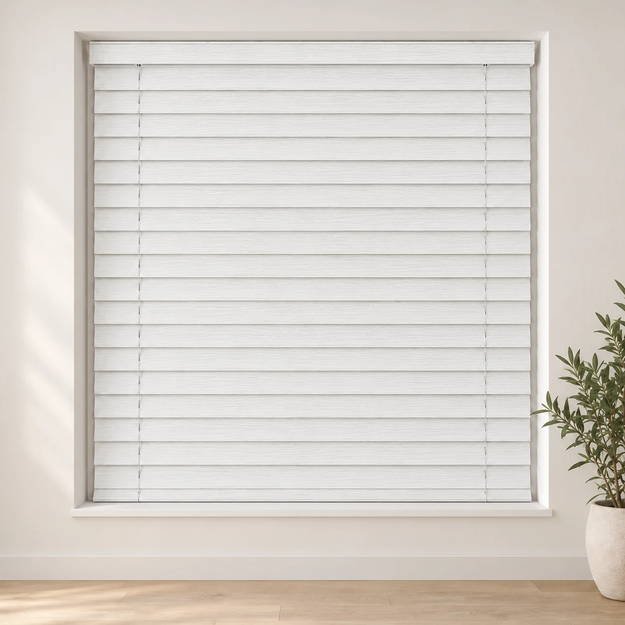 Ecowood White shown as a full blind in a neutral room