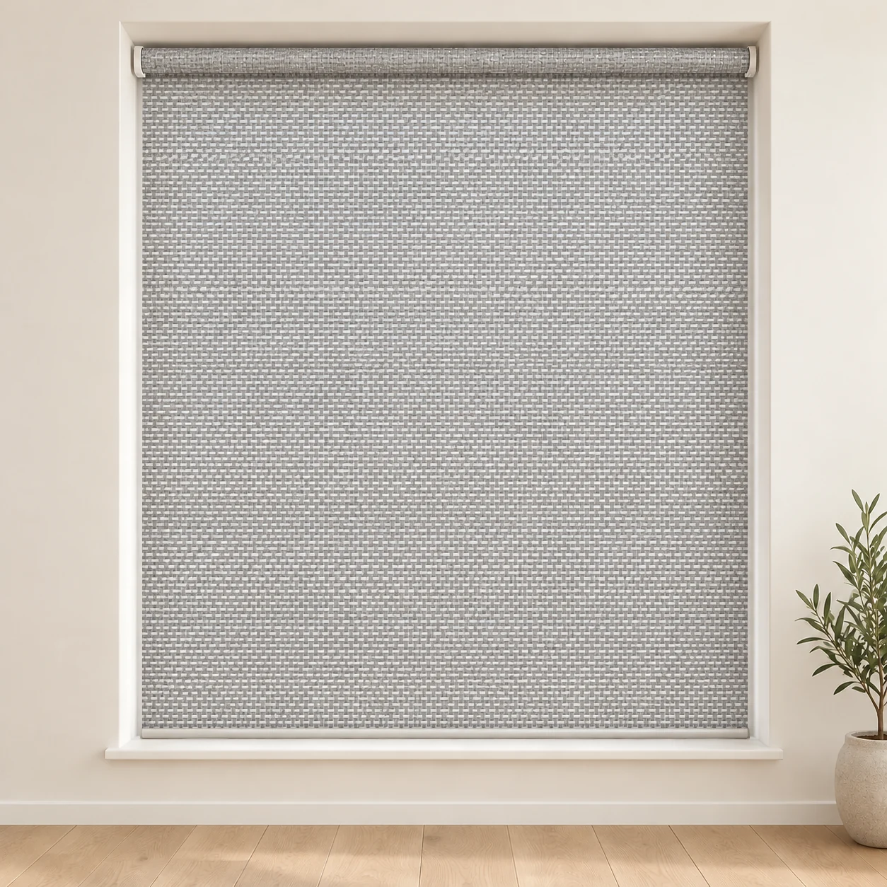 Sunshade Grey White shown as a full blind in a neutral room