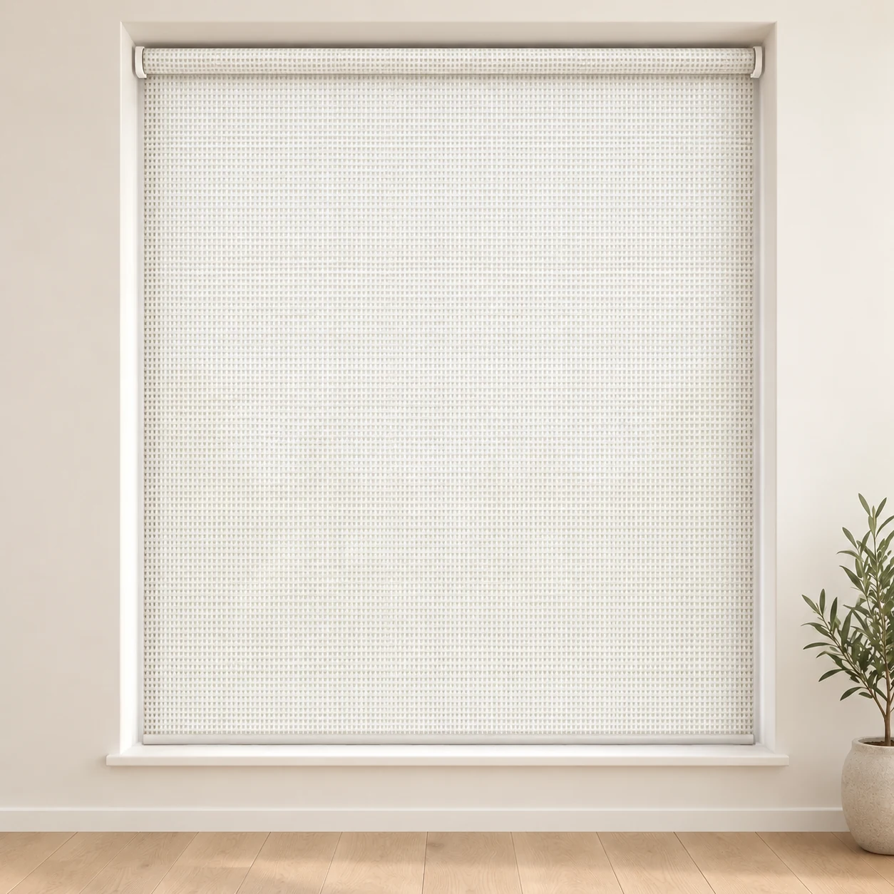 Sunshade White shown as a full blind in a neutral room