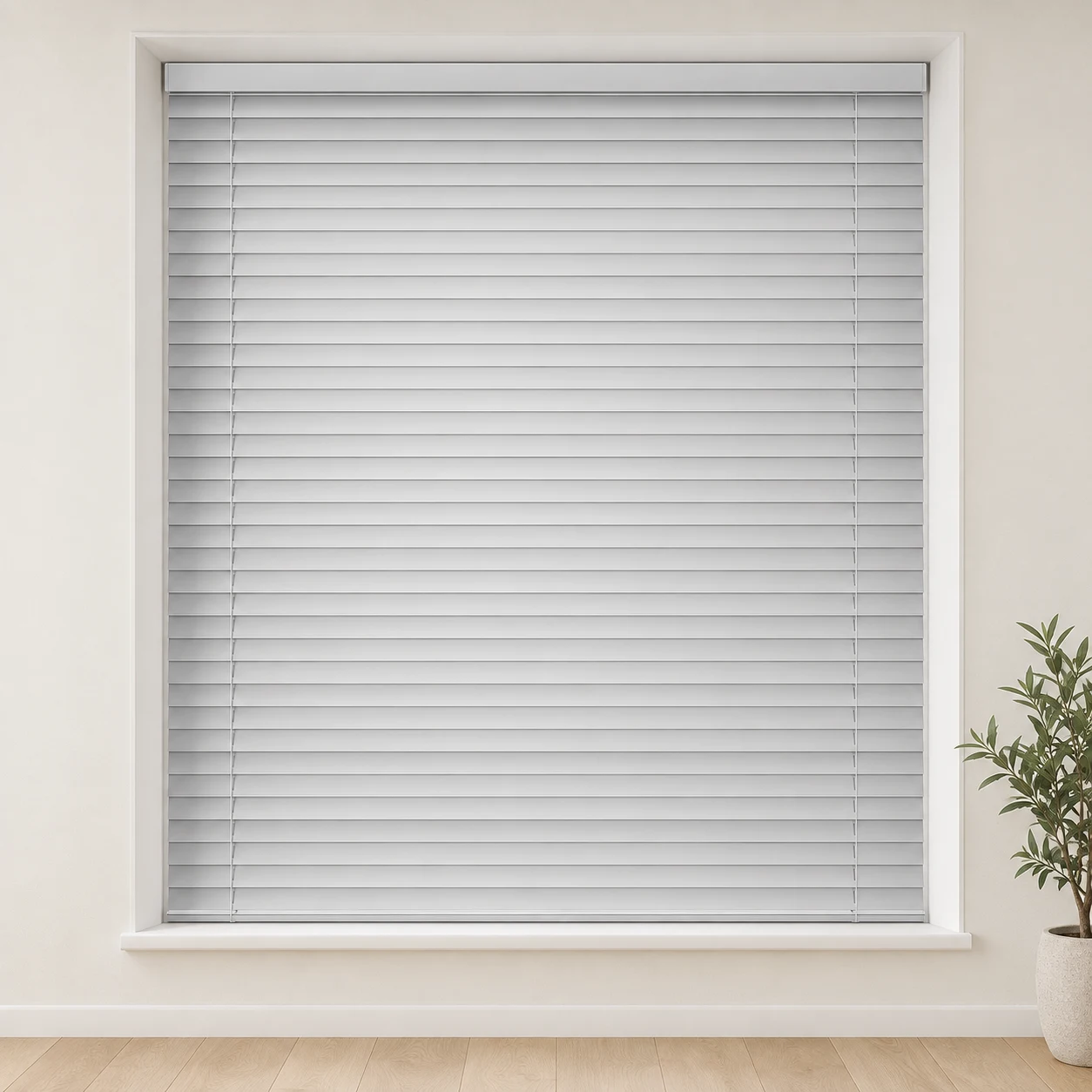 Snow Fall shown as a full blind in a neutral room