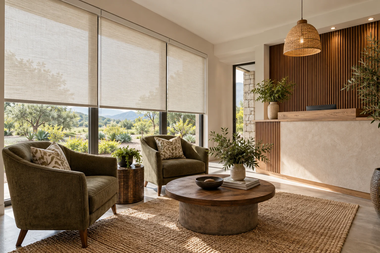 Boutique guest reception: boutique guesthouse reception lounge, small reception desk and armchairs, textured cream roller blinds