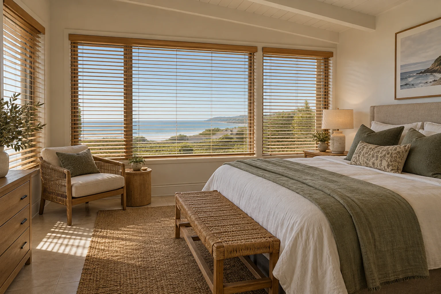 Coastal guest suite: coastal guesthouse king bedroom with sea glimpse, natural basswood Venetian blinds