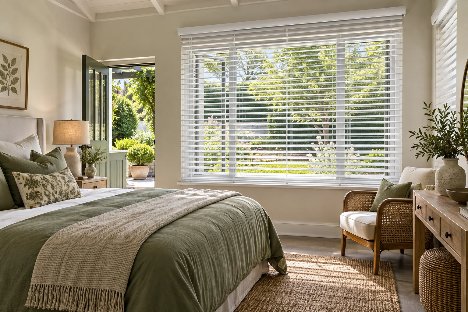 Garden cottage: garden guest cottage bedroom, white Ecowood Venetian blinds, sage bedding, leafy garden outside