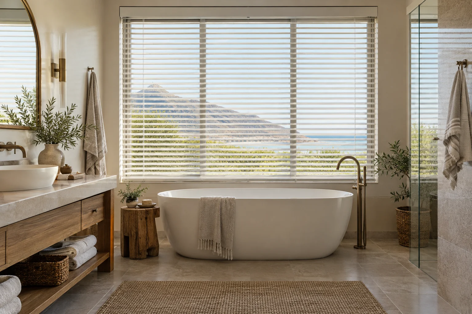 Guest bathroom: elegant guesthouse bathroom with freestanding bath, white Ecowood Venetian blinds for privacy