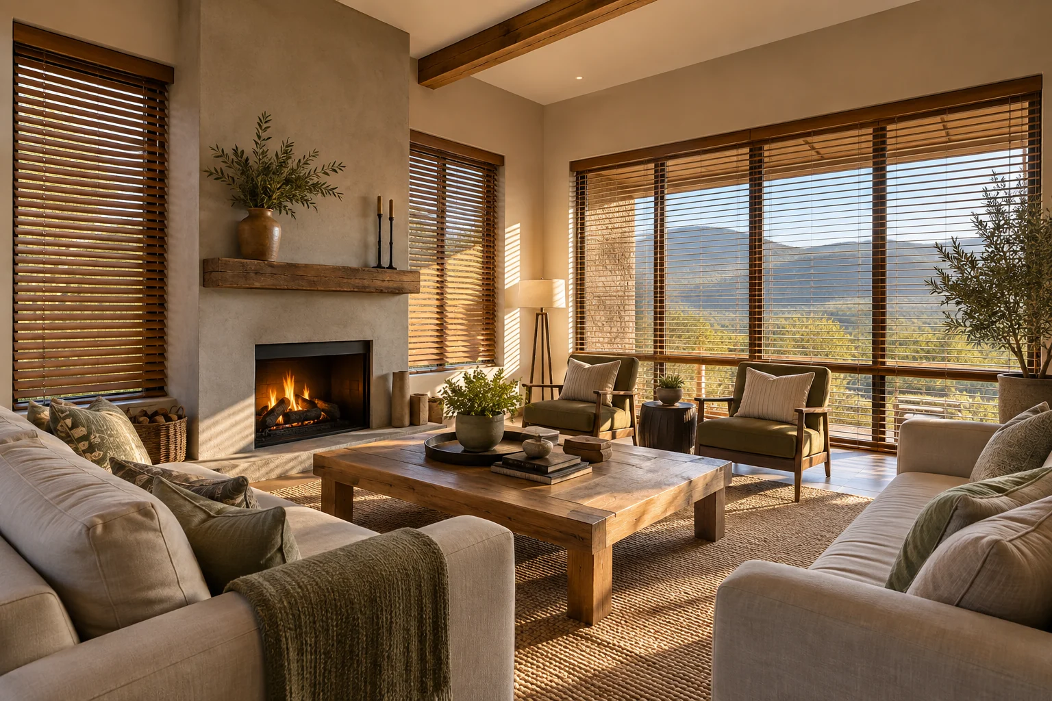 Guesthouse lounge: guesthouse communal lounge, sofas and fireplace, warm timber Venetian blinds