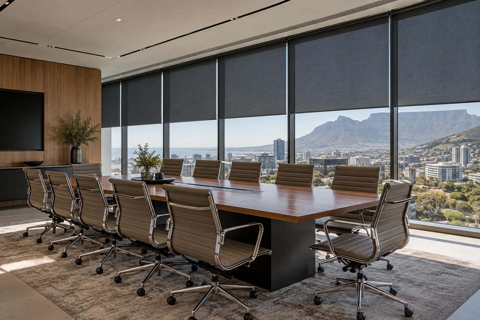 Boardroom: long modern boardroom with twelve chairs, charcoal sunscreen roller blinds controlling glare
