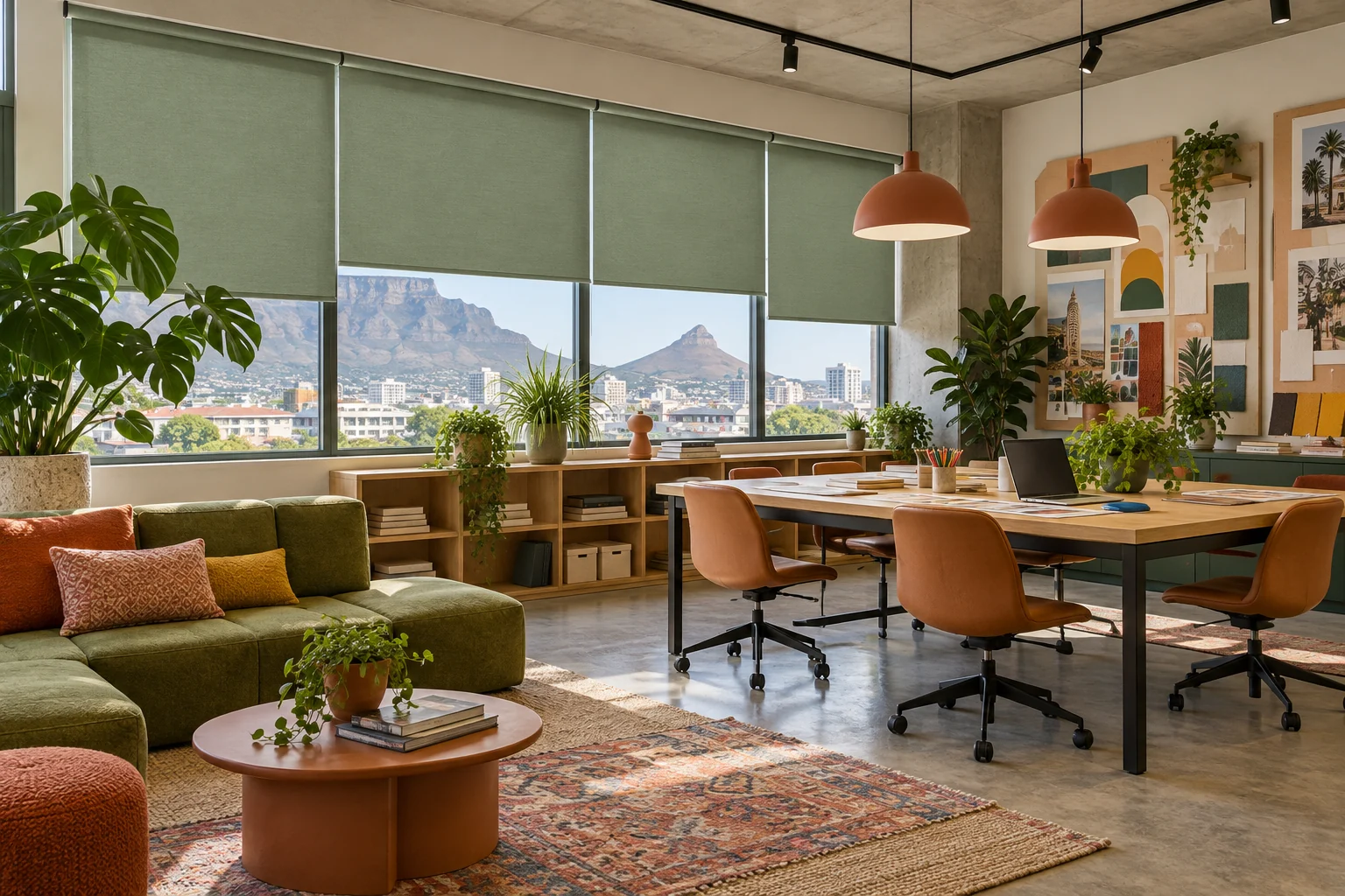 Creative agency: colourful creative agency workspace, sage fabric roller blinds, project pinboards with no readable text