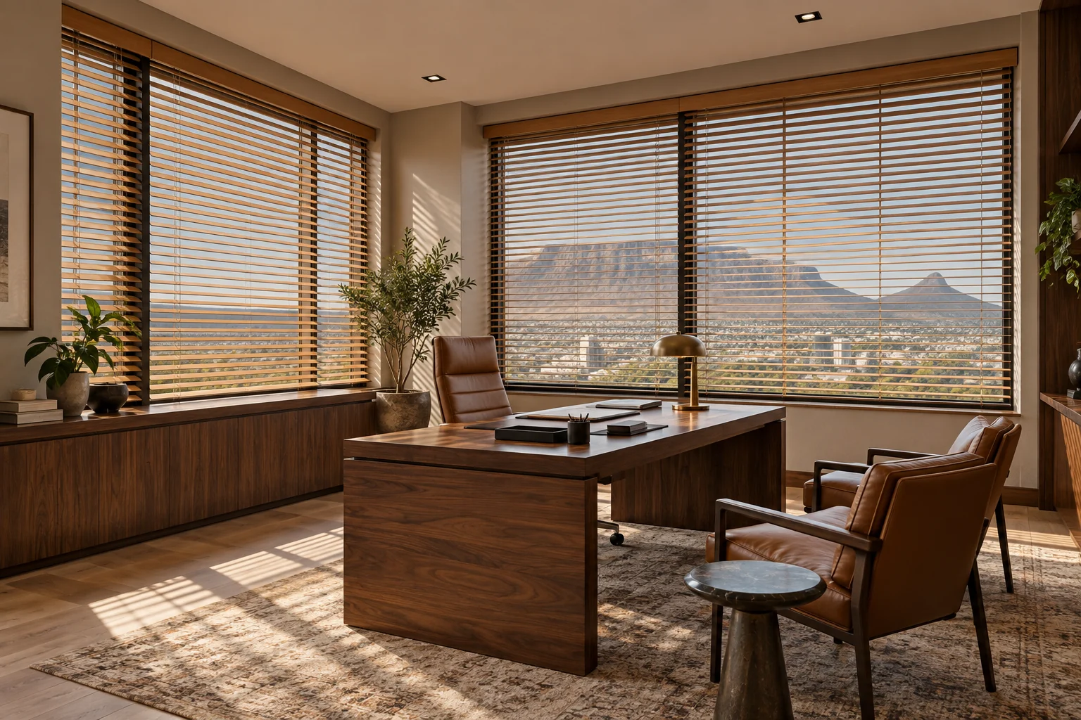 Executive office: executive corner office, walnut desk, warm natural basswood Venetian blinds