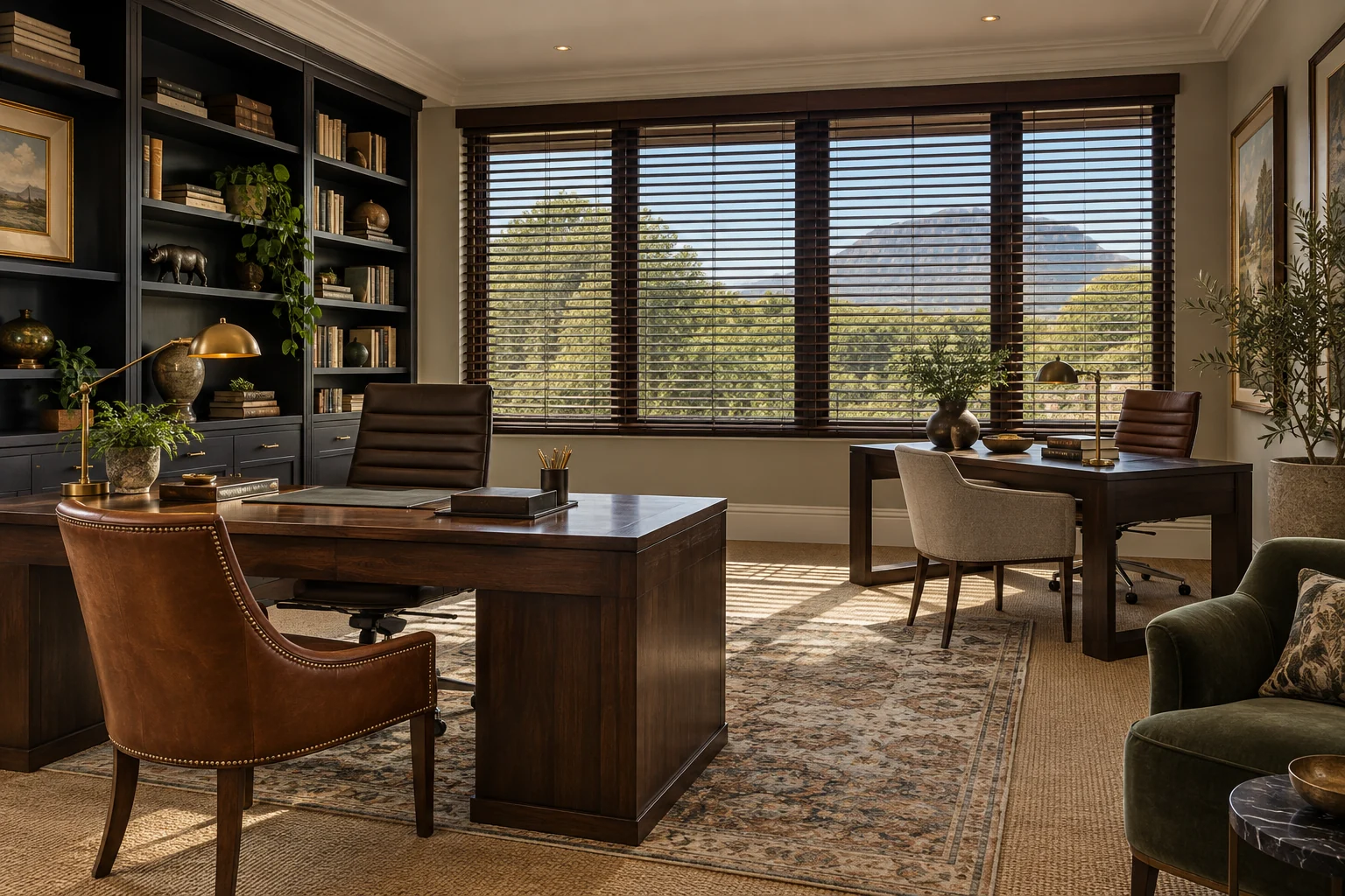 Private office suite: boutique professional office suite with bookcases, dark timber basswood blinds, two elegant desks