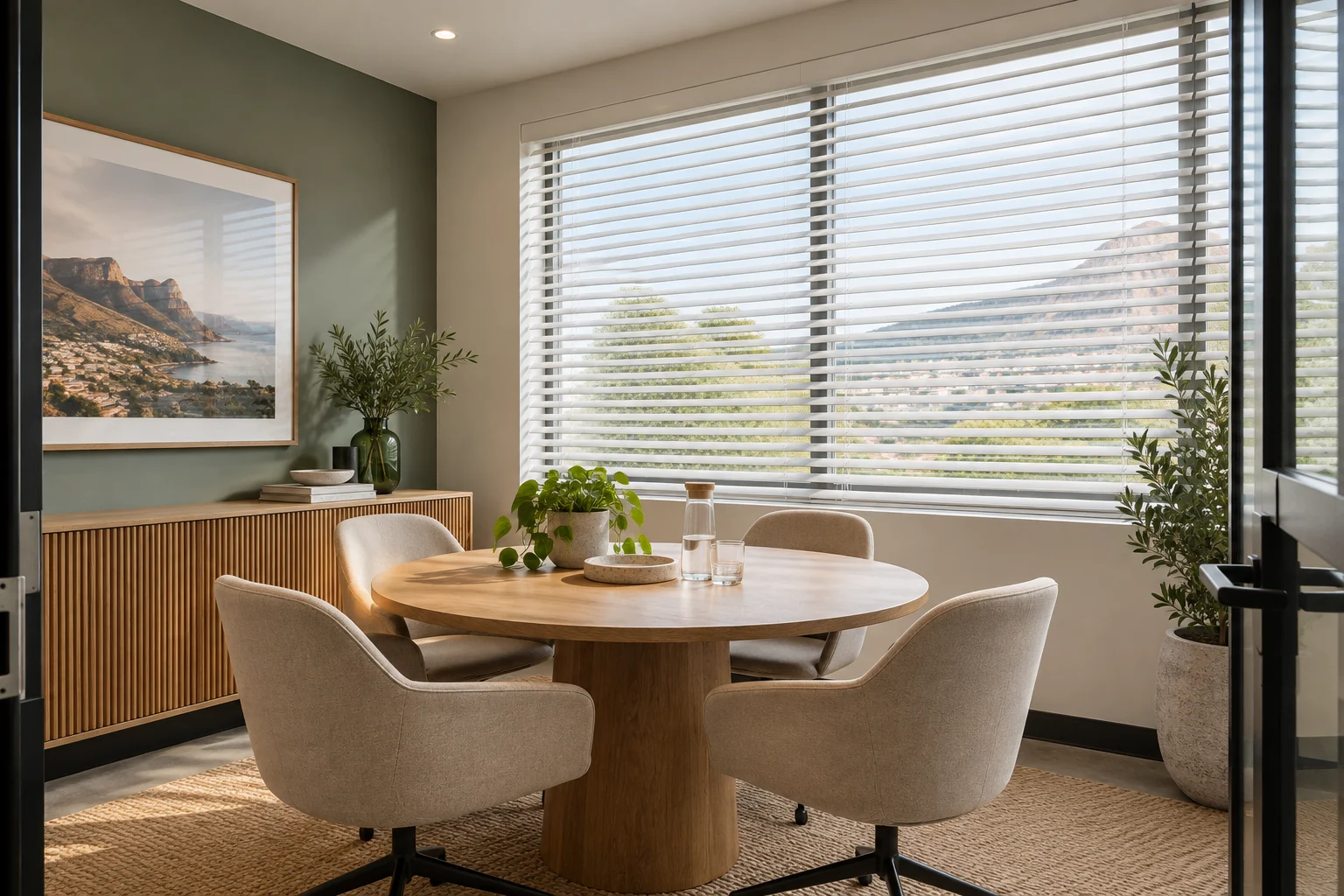 Meeting room: small four-person meeting room, white Ecowood Venetian blinds, round oak table