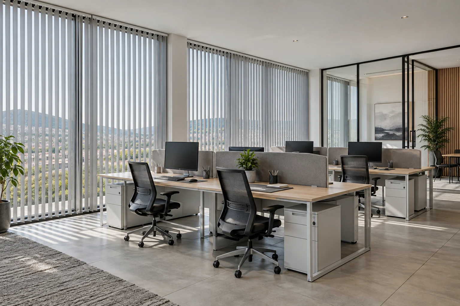 Open-plan studio: airy contemporary open-plan office, six workstations, pale grey vertical blinds on tall side windows