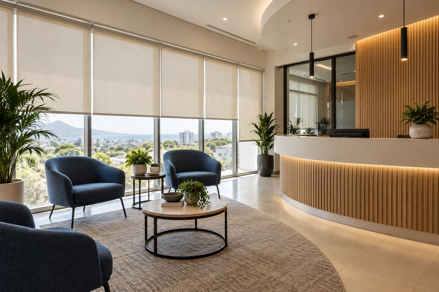 Reception: welcoming professional office reception, cream roller blinds, curved reception counter, blue upholstered chairs