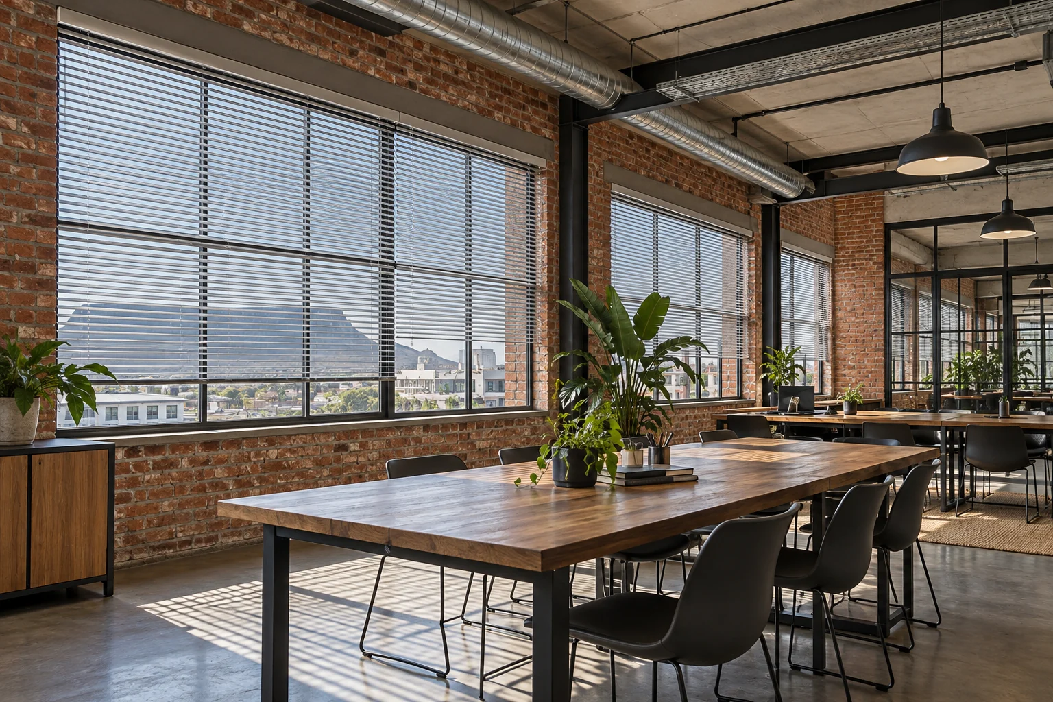 Shared workspace: industrial shared workspace with brick walls, silver aluminium Venetian blinds and communal tables