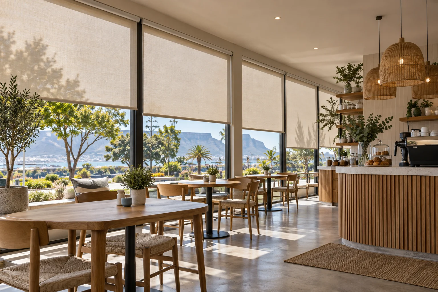 Café: welcoming street café, oak tables and coffee counter, oatmeal sunscreen roller blinds on large windows