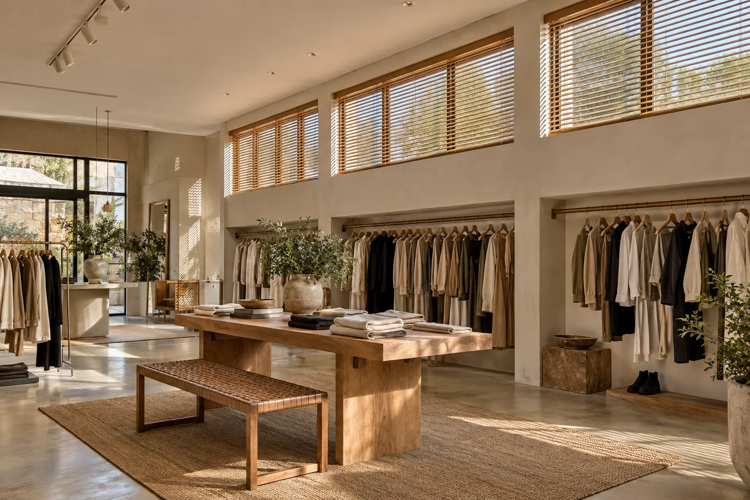 Fashion boutique: fashion boutique, neutral garments on rails, warm timber Venetian blinds on high side windows
