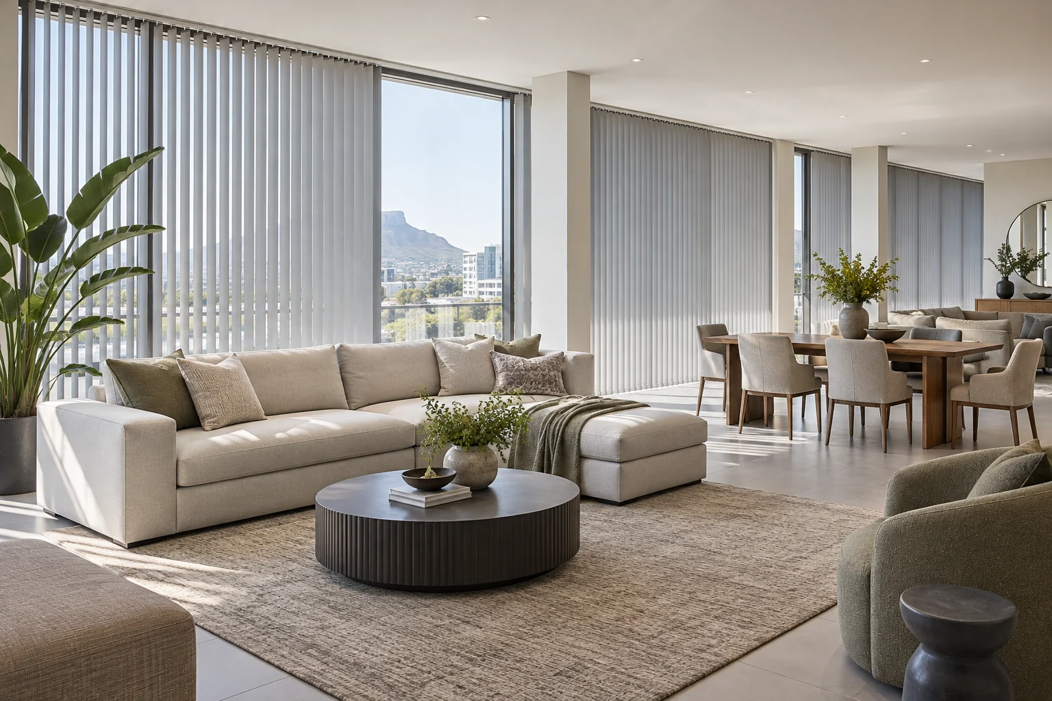 Furniture showroom: spacious contemporary furniture showroom, sofas and dining sets, tall light grey vertical blinds