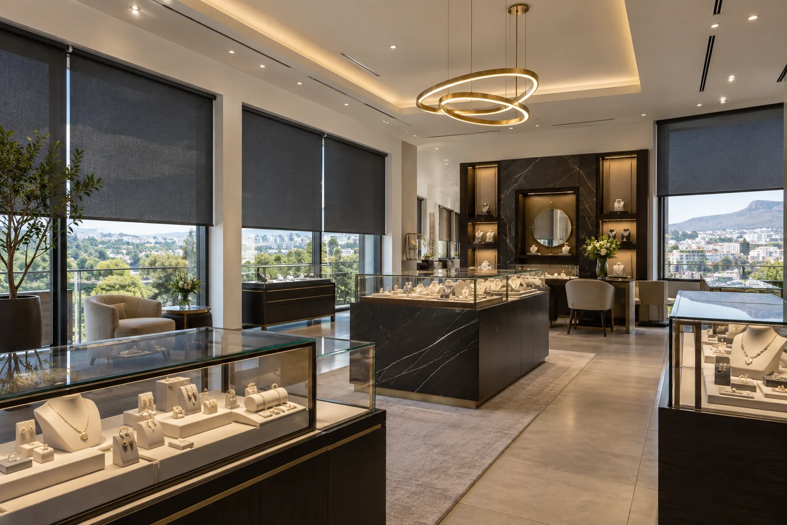Jewellery showroom: upscale jewellery showroom, glass display counters, charcoal roller blinds over side windows