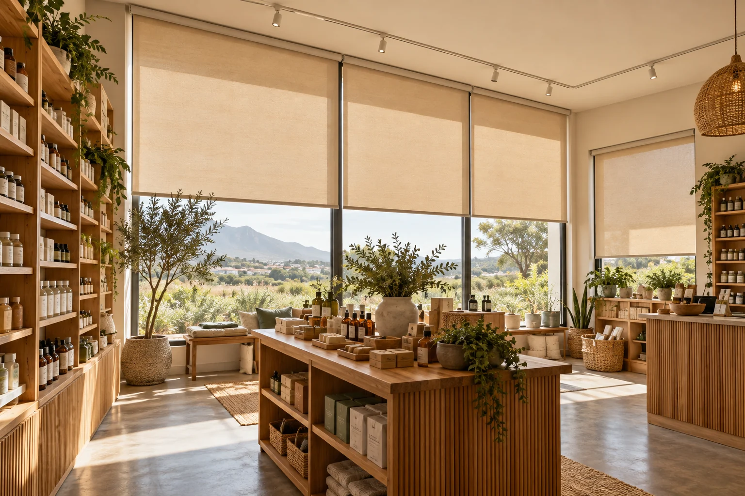 Wellness store: natural wellness retail shop, timber shelving and small packaged goods with no readable labels, warm beige roller blinds
