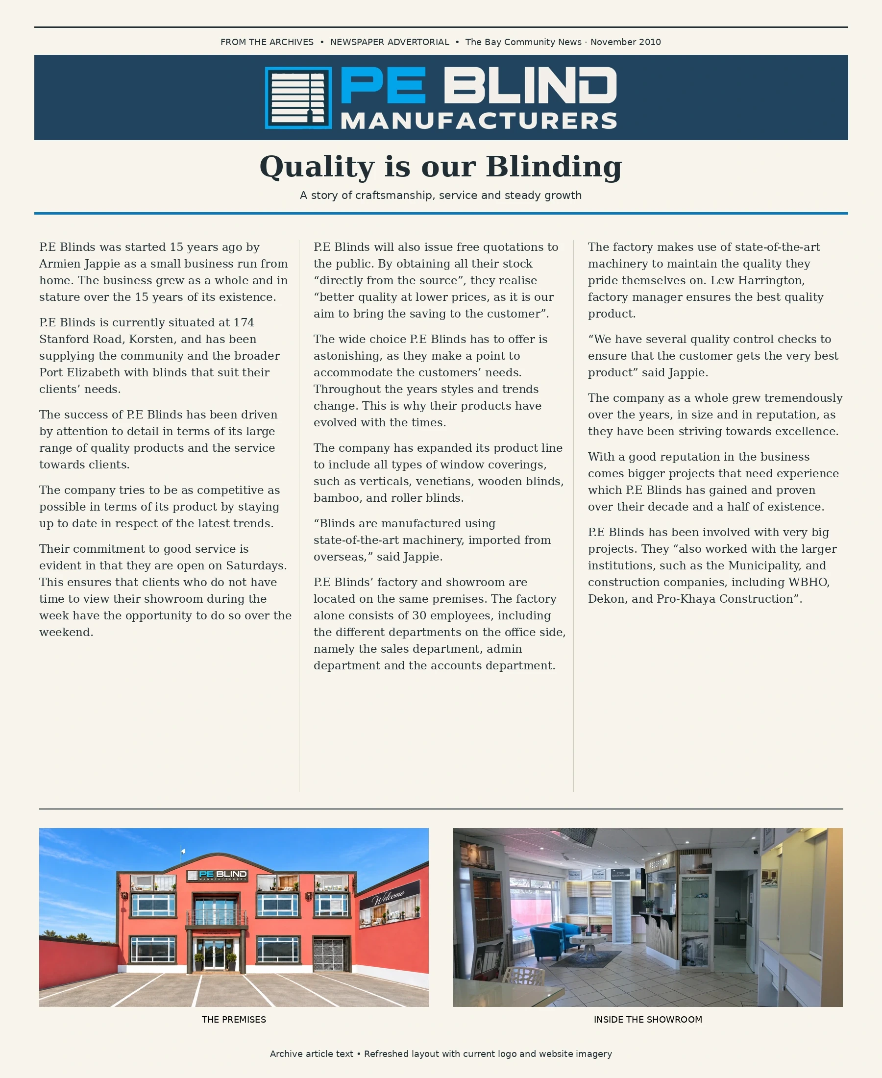 In the News — An archive newspaper feature about PE Blind Manufacturers, presented in a refreshed layout with our current logo and imagery.