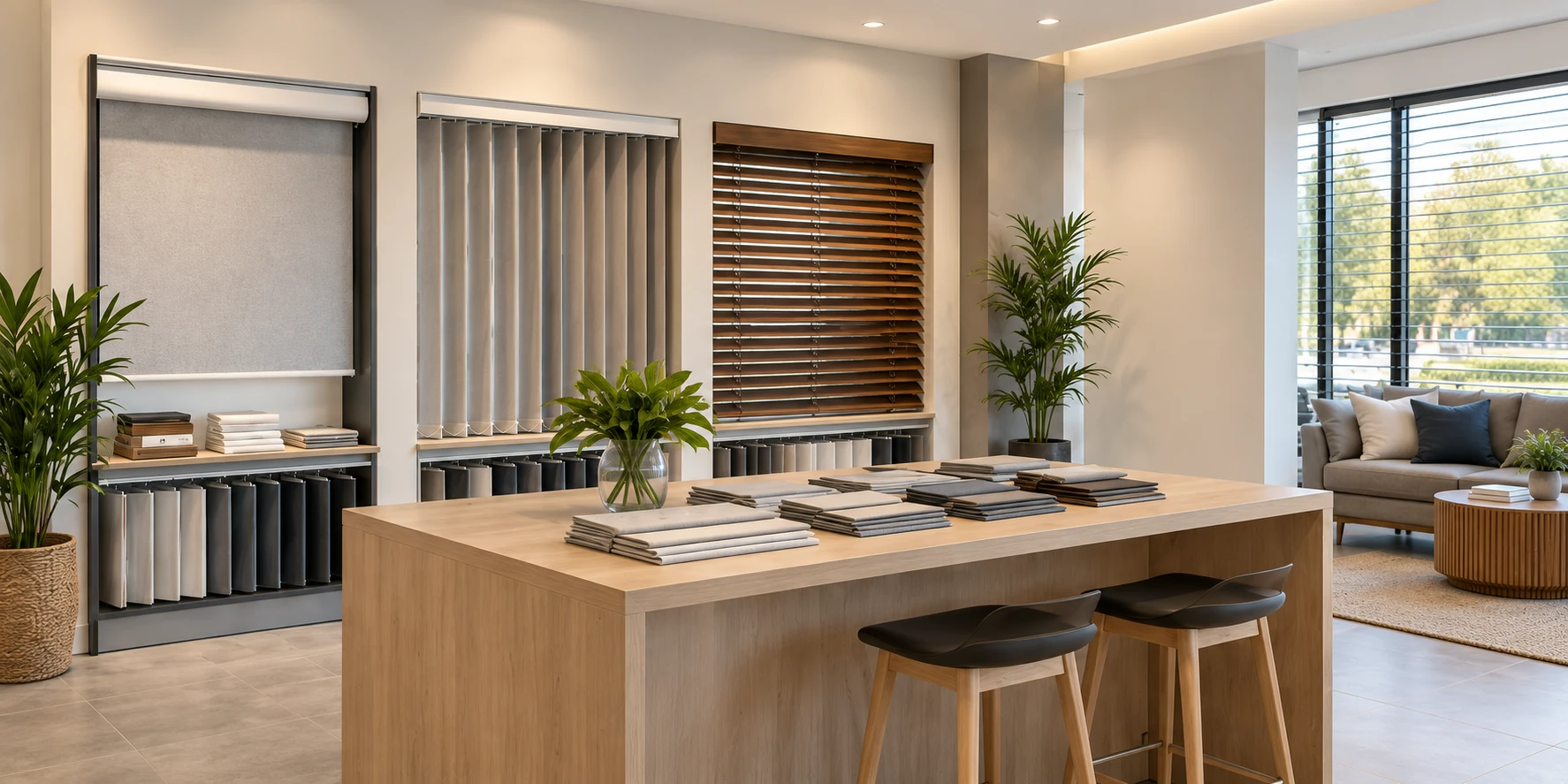 Showroom mockup with blind displays and sample tables