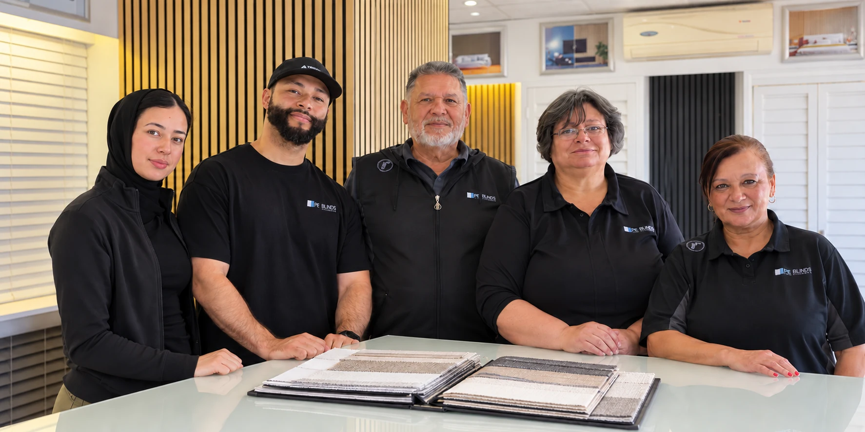 Meet the Team — Meet our team in the showroom, surrounded by blind displays and fabric samples.