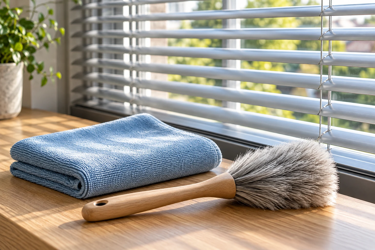 A soft brush and microfiber cloth beside Venetian blinds
