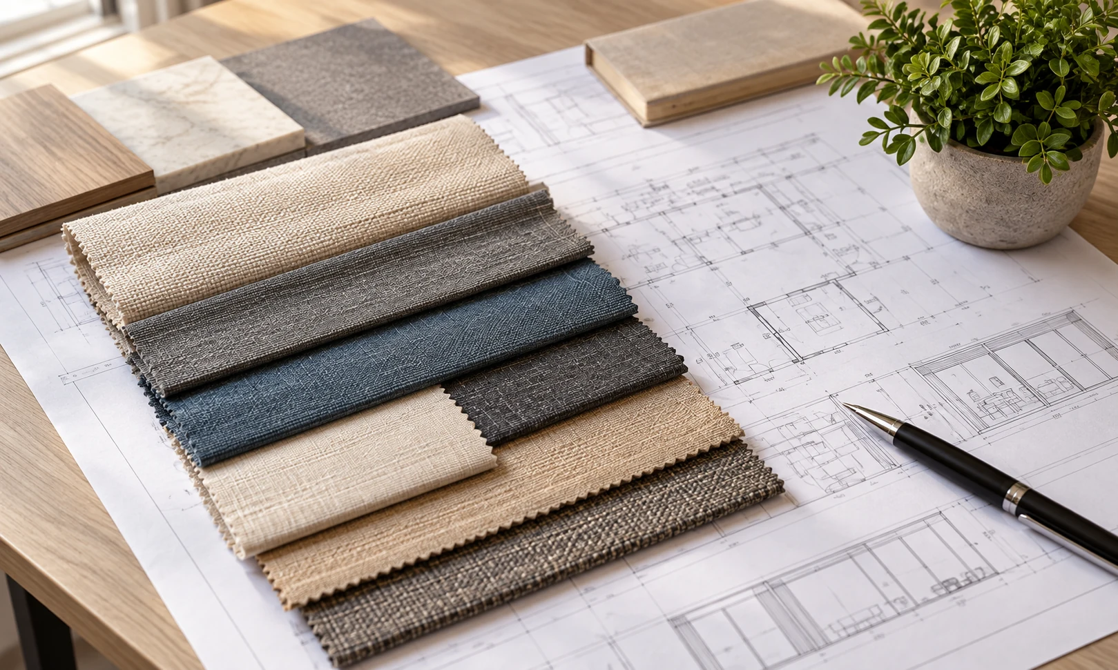 Window plans and material samples ready for discussion