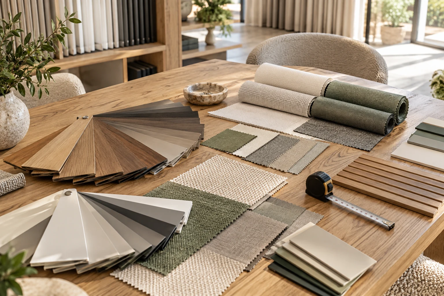 Timber and aluminium slat samples alongside textured fabric swatches