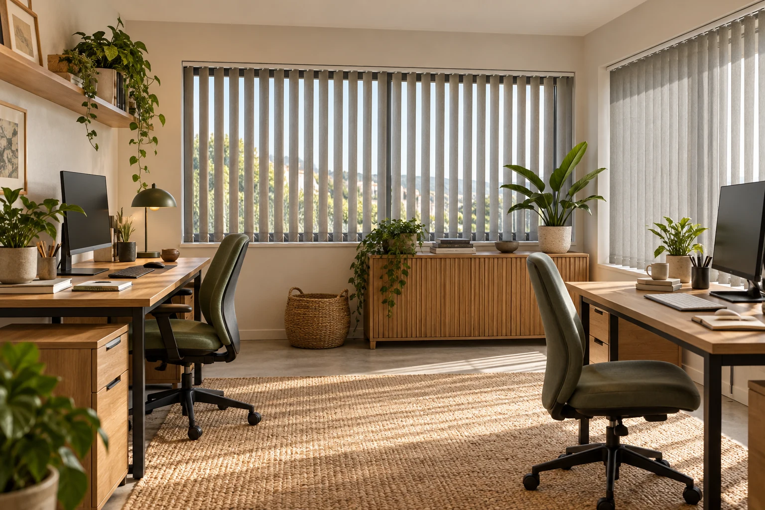 Vertical blinds softening daylight in a small creative workspace