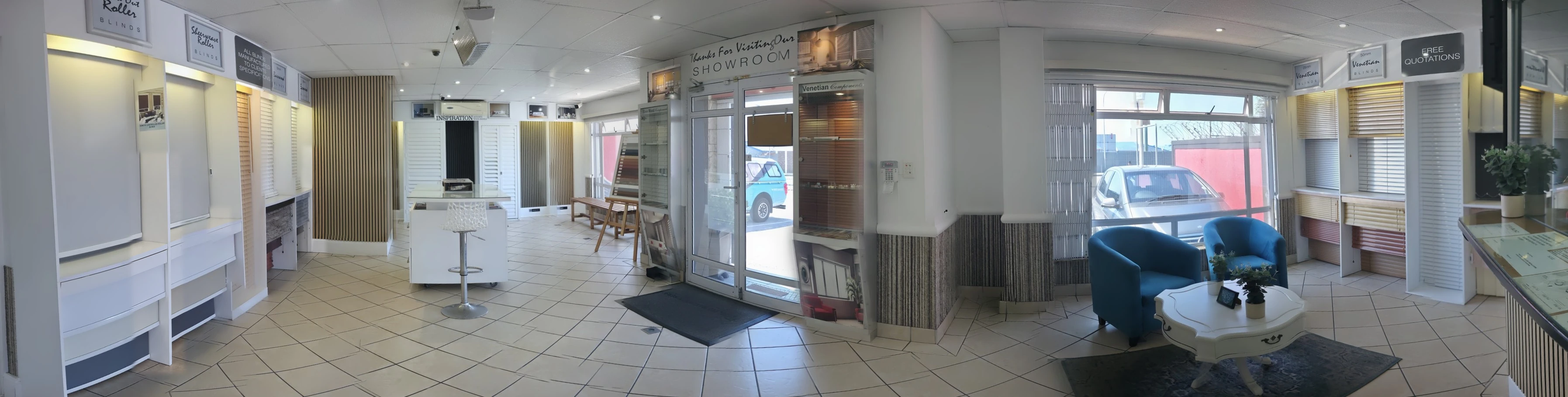 Stitched wide view of the PE Blinds showroom